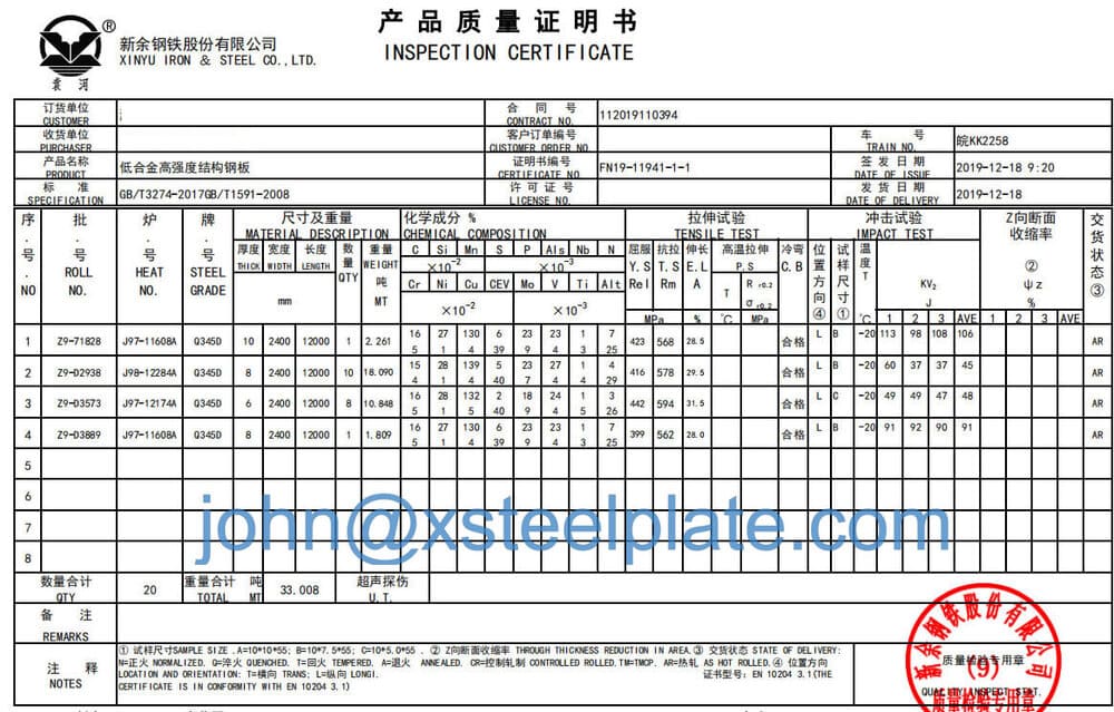 q345d steel plate mill certificate